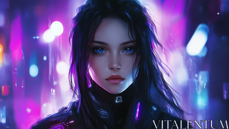 Cybernetic neon portrait of blue-eyed operative in flux field.