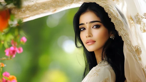 Photorealistic portrait bride under embroidered veil outdoors.