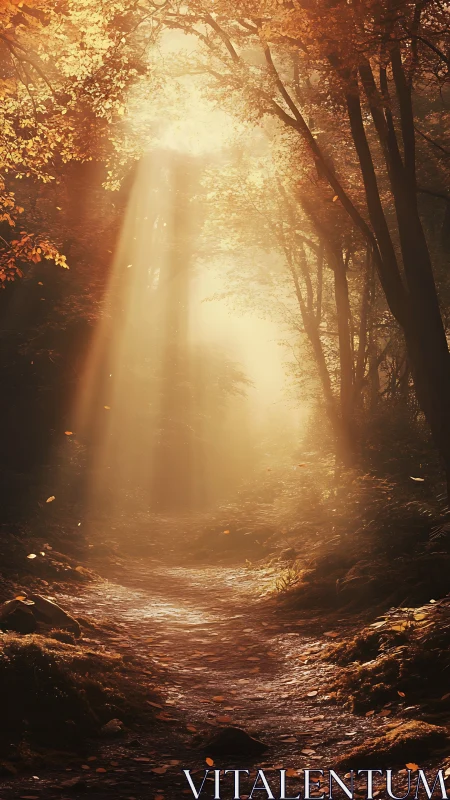 Sunlit autumn forest path under cascading golden rays.