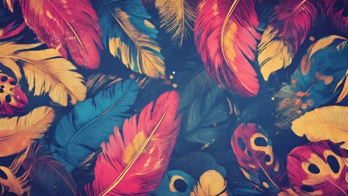 Colorful layered feathers in bold abstract pattern design.