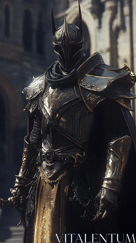 Dark armored knight stands in ornate gothic stronghold.