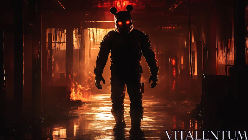 Armored figure stalks a burning corridor in eerie red light