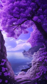 Purple coastal trees frame calm bay under soft clouds