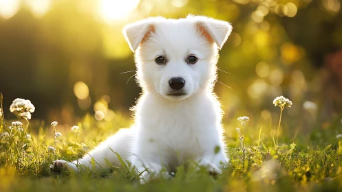 White puppy on sunlit grass in shallow depth of field.
