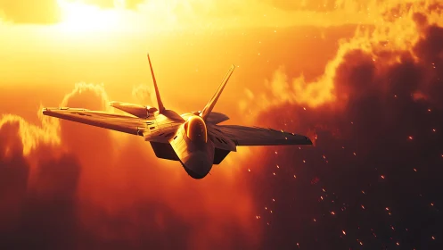 Stealth fighter jet cutting through blazing sunset clouds.