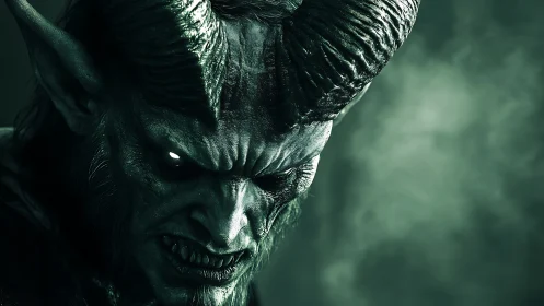 Horned demon snarls in harsh side light against smoky void