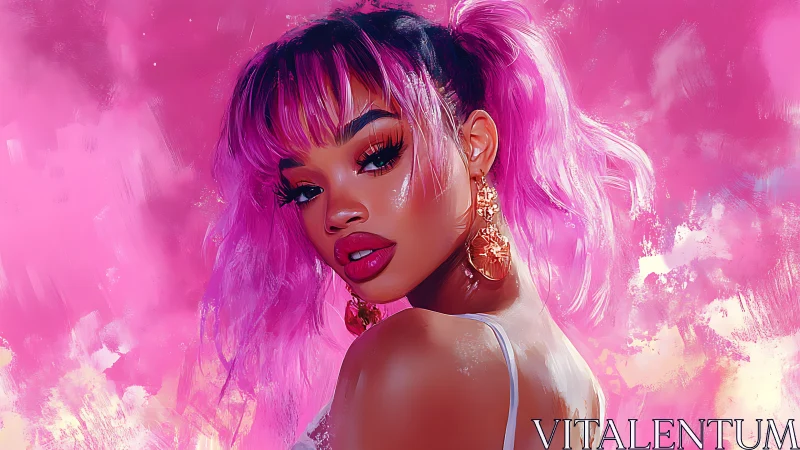 Digital portrait shows pink-haired woman against abstract pink field