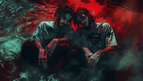 Twin tattooed figures seated in red and teal vapor field.