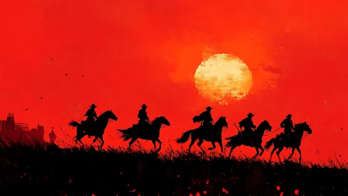 Silhouetted riders traverse horizon under textured neon red sun