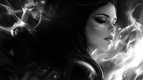 Monochrome elemental portrait with luminous fluid dynamics.