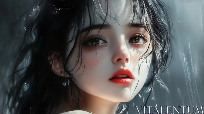 Wet-haired girl gazes upward under soft diffused rainlight