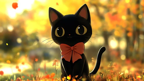 Black cartoon cat with red bow in soft autumn field.
