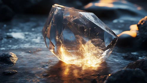 Crystal shard glows softly on wet volcanic ground at dusk