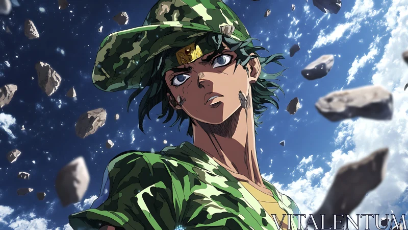 Determined anime hero stands strong amid drifting asteroids