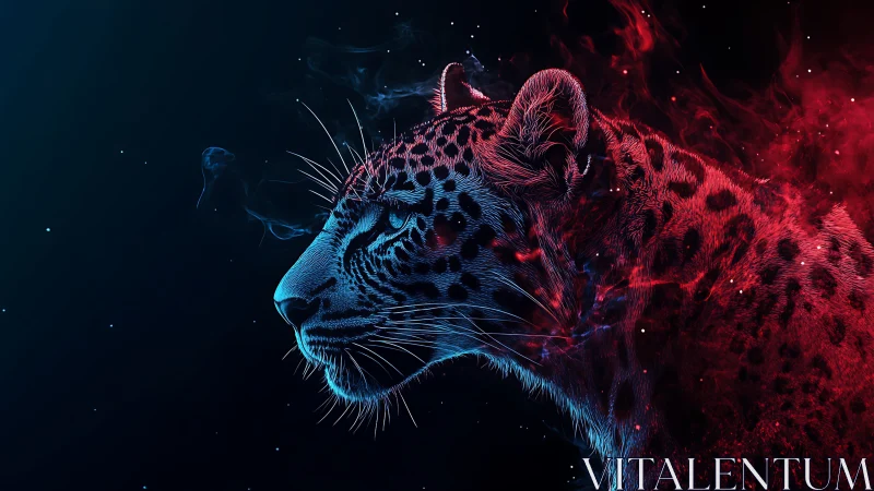 Neon Leopard Portrait with Blue and Red Light Effects