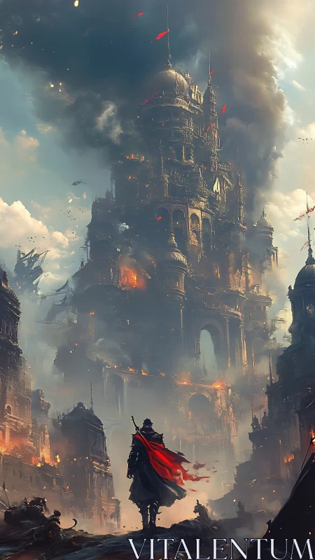 Central fortified tower burns amid dense urban destruction