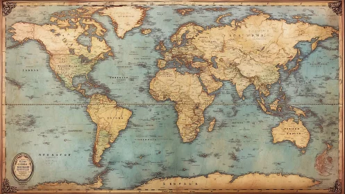 Vintage world map poster with antique styled continents.