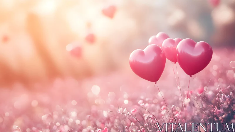 Pink Heart Balloons Over Bokeh Flower Field with Warm Atmospheric Lighting