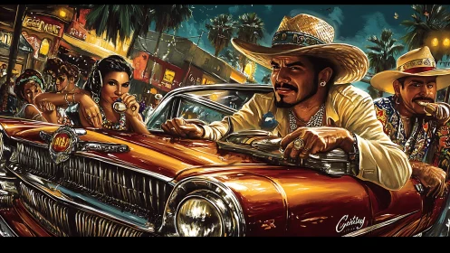 Lowrider legends cruise through neon soaked tropical night.