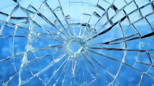 Shattered glass radial fracture over deep blue background.