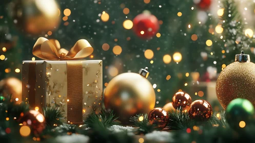 Golden Christmas gift box with ornaments and bokeh glow.