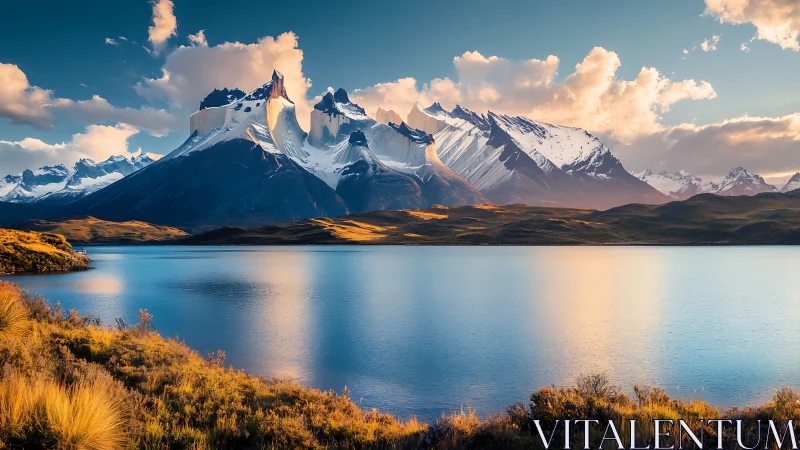 Snowcapped mountain range rises above calm reflective lake