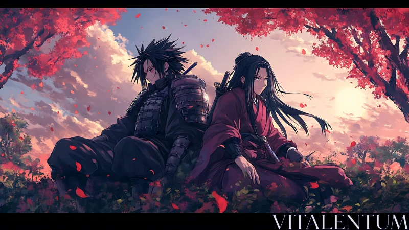 Two armored warriors in autumn field under backlit sunset sky
