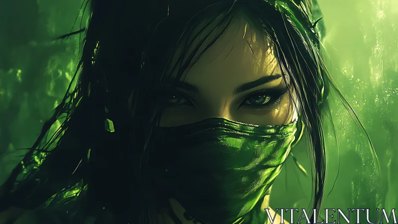 Bioluminescent forest assassin portrait with veiled gaze.