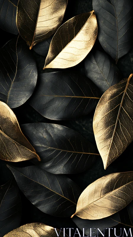 Metallic botanical study with black and gold foliage pattern.