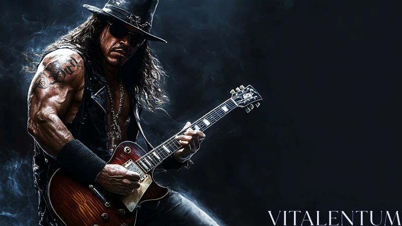 Rock guitarist in hat with electric guitar on dark background.