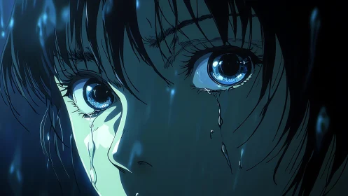 Wet-eyed close-up of distressed girl under blue rain glow.
