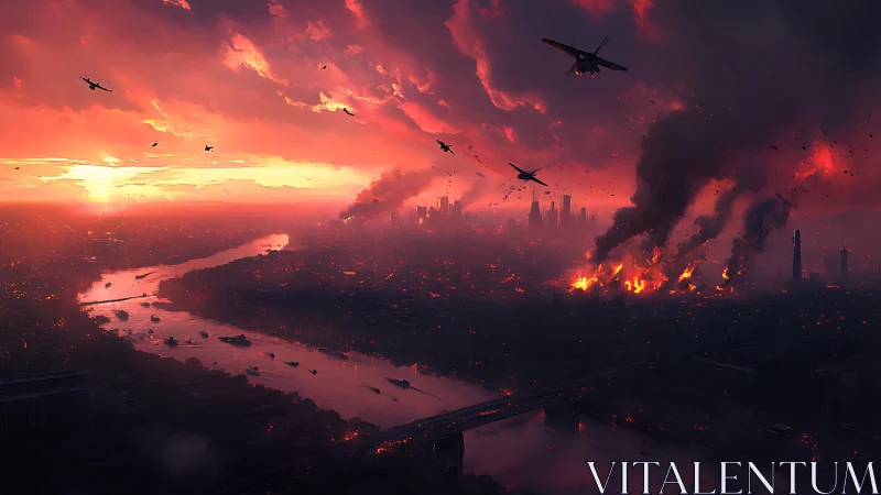 Burning river metropolis under crimson war-torn sky.