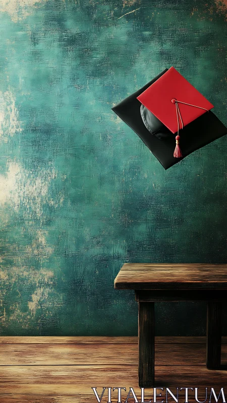 Graduation cap suspended over rustic wooden table backdrop.
