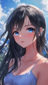 Summer anime girl portrait under bright blue sky.