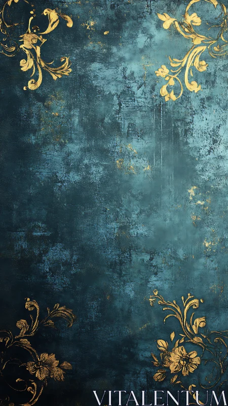 Teal patina wall with distressed gold baroque flourishes.