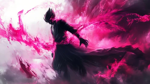 Dark warrior wreathed in explosive pink energy storm.