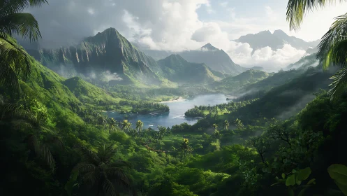 Sunlit tropical valley opens toward misty mountain lagoon