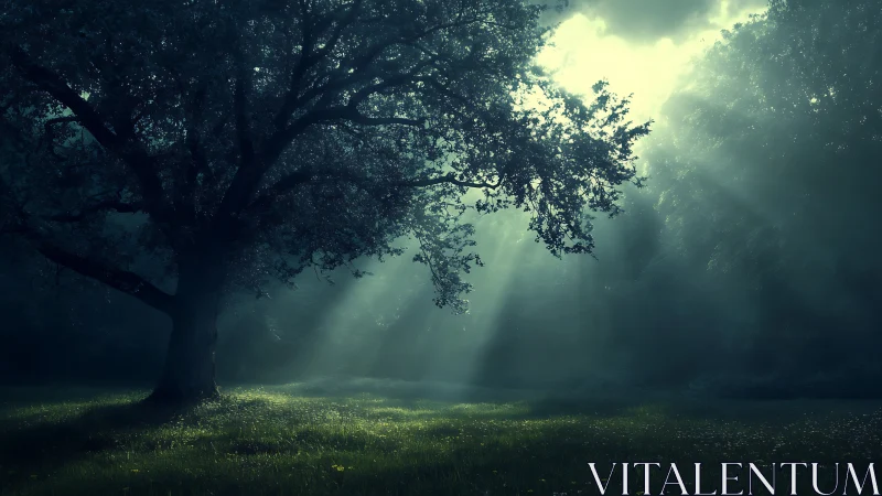 Sunbeams filter through a misty forest clearing at dawn.