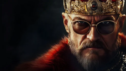 Regal monarch in sunglasses under dramatic side lighting.