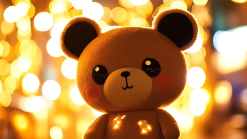 Plush bear figure set against defocused circular light bokeh
