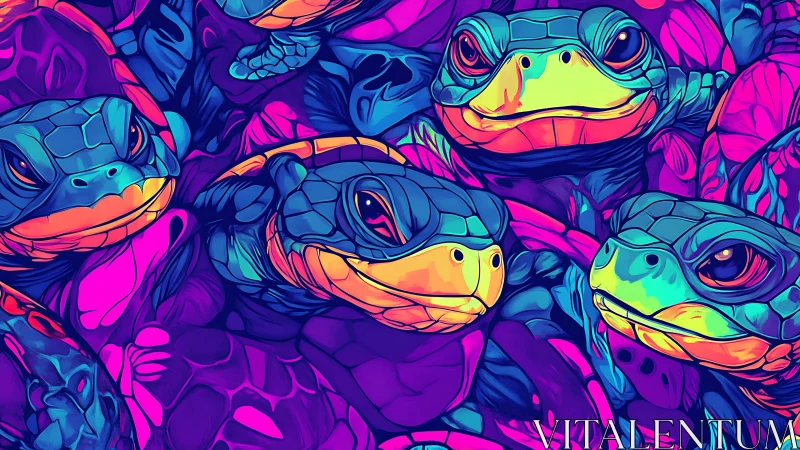 Neon sea turtles rendered in hyper-saturated vector gradients.