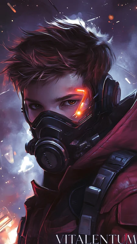 Neon-eyed wasteland scout in ember-lit cyberpunk dusk.