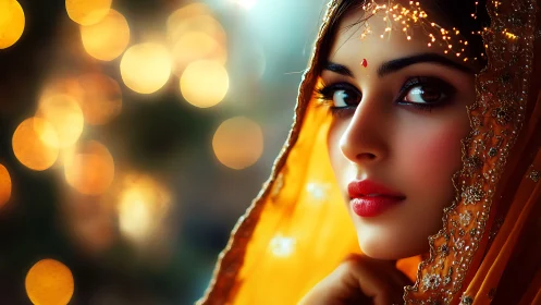 Bridal portrait under golden veil with cinematic bokeh light.