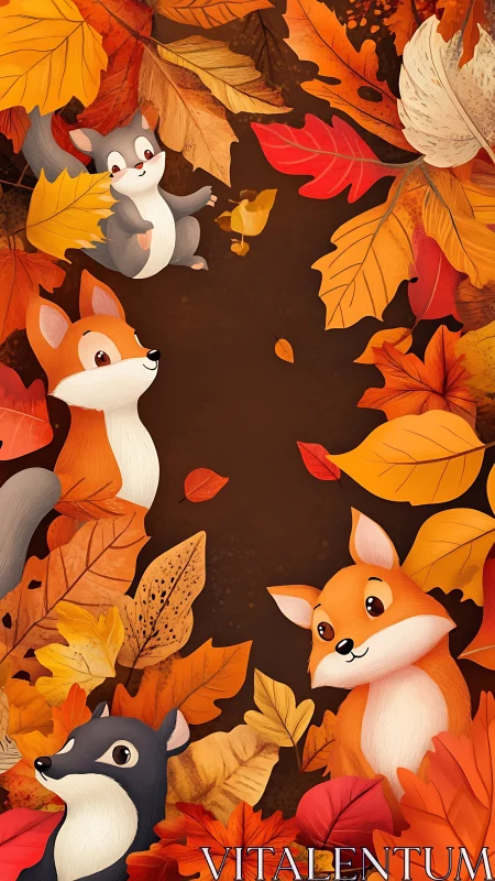 Foxes and forest friends peek through a swirling autumn frame.