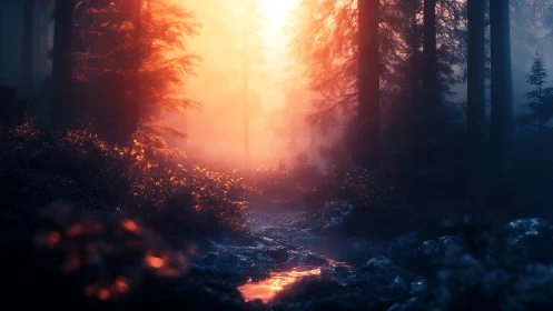 Golden Sunrise Breaking Through Misty Forest Path.