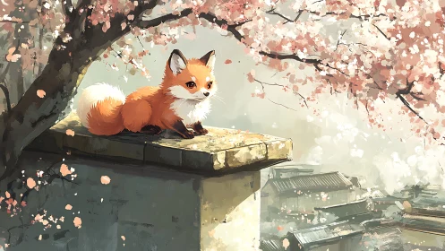 Digital painting of fox on rooftop ledge amid cherry blossoms.