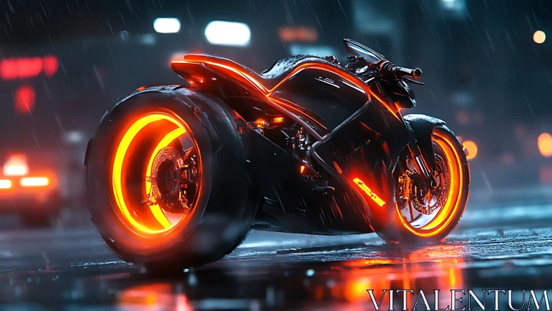 Cyberpunk motorcycle with neon rims in rainy city street.