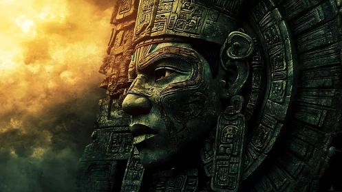 Monumental Mayan stone visage in dramatic digital painting.