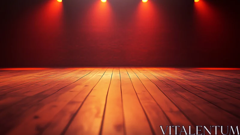 Cinematic wooden stage under warm directional spotlights.