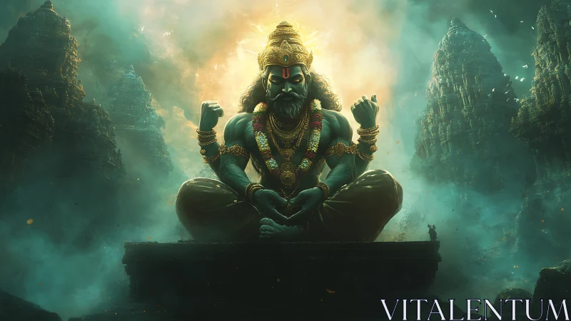 Colossal four-armed deity seated before mist-shrouded temple spires